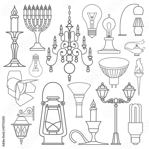 Lighting elements icon set. Thin line design