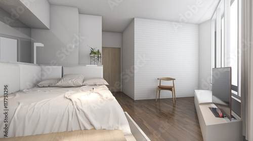 3d rendering nice daylight in wood bedroom with minimal decor