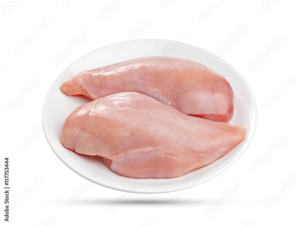 Raw chicken breast on white plate Raw chicken breast on white plate