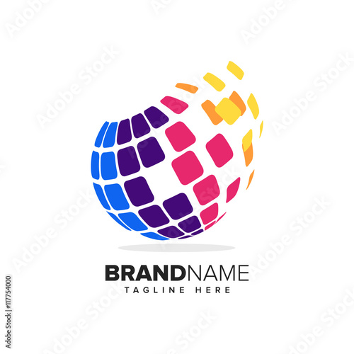 Logo of a stylized globe with pixels in motion. This logo is suitable for global company, world technologies and media agencies