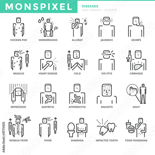 Flat thin line Icons set of Diseases and Symptom. Pixel Perfect Icons. Simple mono linear pictogram pack stroke vector logo concept for web graphics.