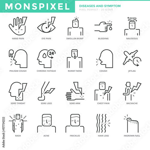 Flat thin line Icons set of Diseases and Symptom. Pixel Perfect Icons. Simple mono linear pictogram pack stroke vector logo concept for web graphics.