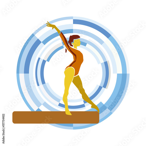Balance Beam. Silhouette of a gymnast woman on a circular background.