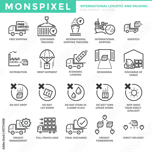 Flat thin line Icons set of International Logistic and Packing. Pixel Perfect Icons. Simple mono linear pictogram pack stroke vector logo concept for web graphics.