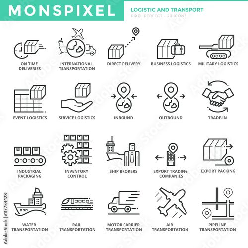 Flat thin line Icons set of Logistic and Transport. Pixel Perfect Icons. Simple mono linear pictogram pack stroke vector logo concept for web graphics.