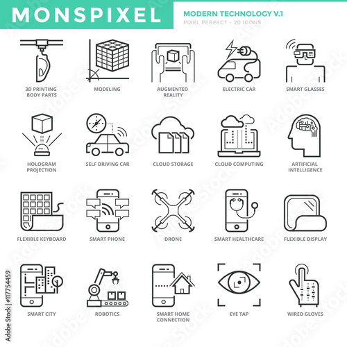 Flat thin line Icons set of Modern Technology. Pixel Perfect Icons. Simple mono linear pictogram pack stroke vector logo concept for web graphics.