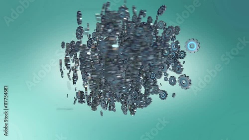 Modern blue steel mechanical cogwheel computer brain coming together in a particle field