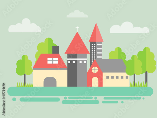 Urban landscape.City architecture in a minimalist style flat.Buildings with the tree.