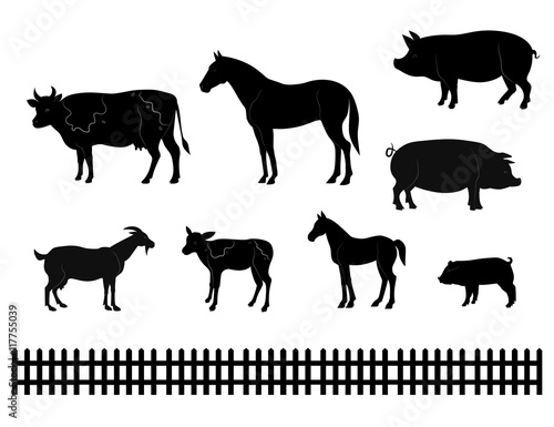 Vector farm animals silhouettes isolated on white. Livestock and poultry icons. Rural landscape with trees  plants 