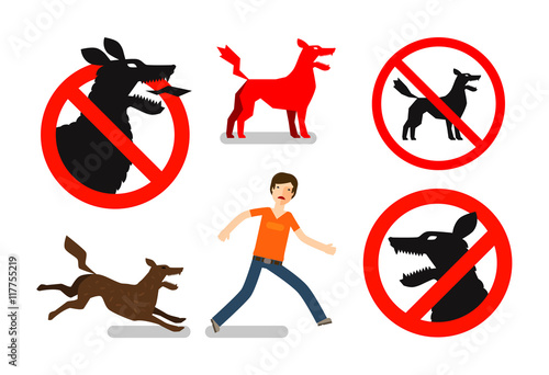 Angry, mad dog. Beware sign. Vector icons set