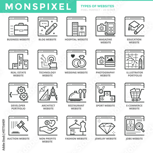 Flat thin line Icons set of Web Design and Websites. Pixel Perfect Icons for Web Development. Simple mono linear pictogram pack stroke vector logo concept for web graphics.