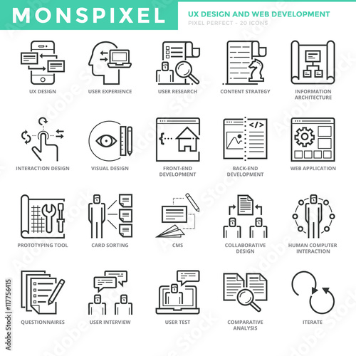 Flat thin line Icons set of UX Design And Web Development. Pixel Perfect Icons. Simple mono linear pictogram pack stroke vector logo concept for web graphics.