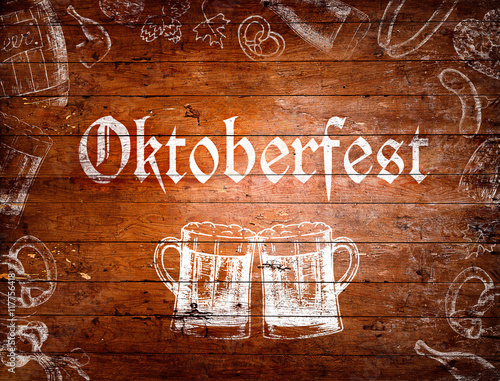 Photography Oktoberfest sign, beer mugs, chalk drawings, wooden background