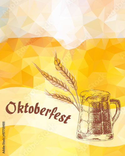 Oktoberfest vector illustration. Beer mug and dried cereal ears.