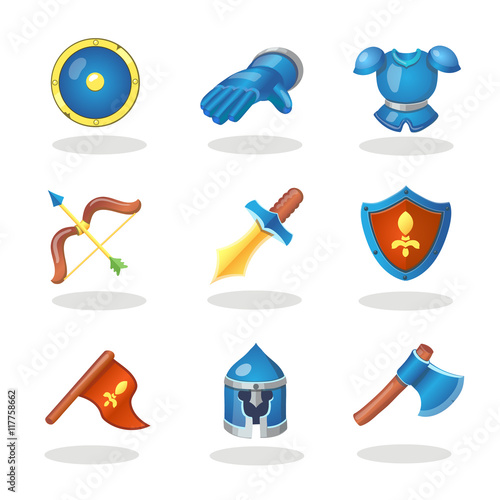 Knight weapon cartoon icons set. Medieval weapons, shields, armor, helmet bow and sword.