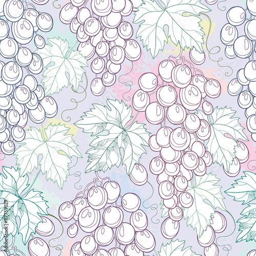 Vector seamless pattern with bunch of grape and grape leaves on the pastel background. Outline design elements for wine and winery. Background with ornate fruits in contour style for summer design.