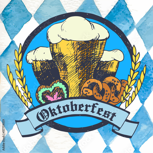 Oktoberfest vector illustration with beer glasses, pretzels and 