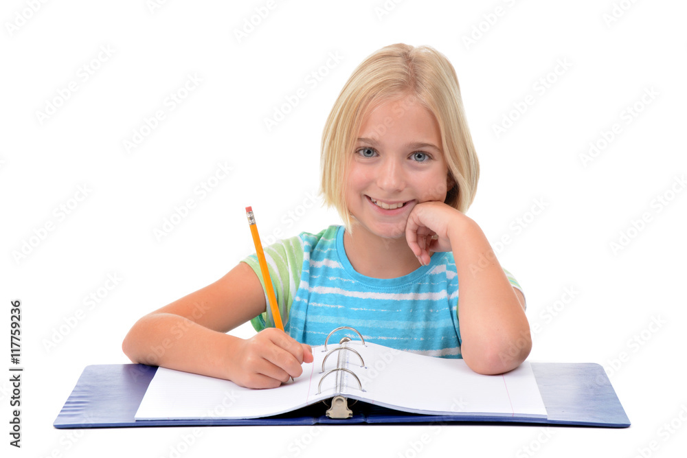 young girl student with pencil and notebook isolated on white background young girl student with pencil and notebook isolated on white background