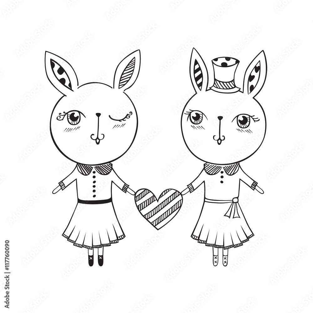 Hand drawn cute rabbits with heart. Vector. Hand drawn cute rabbits with heart. Vector.