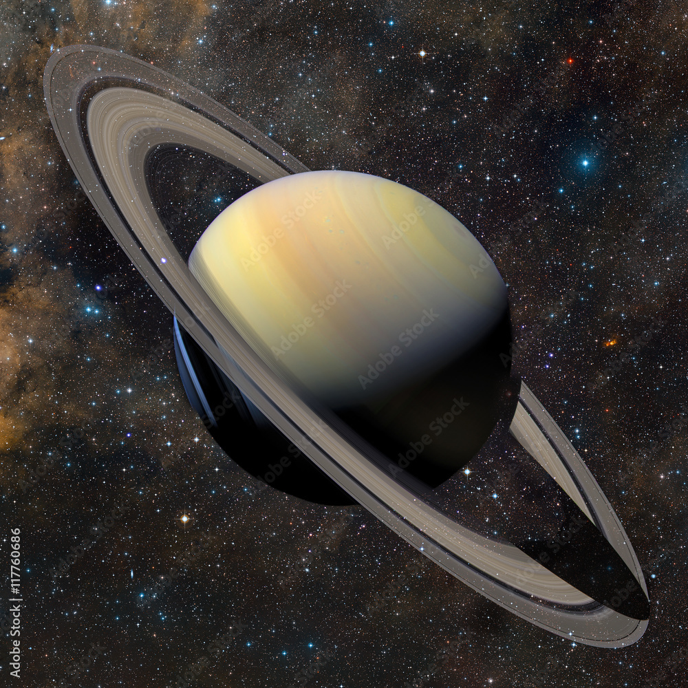 Fototapeta premium Solar system planet Saturn on nebula background. Elements of thi