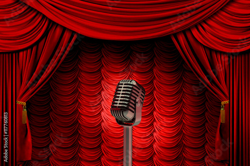 3d illustration microphone on background of red curtains photo