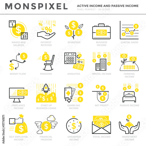 Flat thin line Icons set of Active Income and Passive Income. Pixel Perfect Icons. Simple mono linear pictogram pack stroke vector logo concept for web graphics.