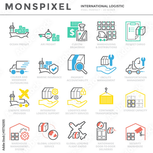 Flat thin line Icons set of International Logistic . Pixel Perfect Icons. Simple linear pictogram pack stroke vector logo concept for web graphics.