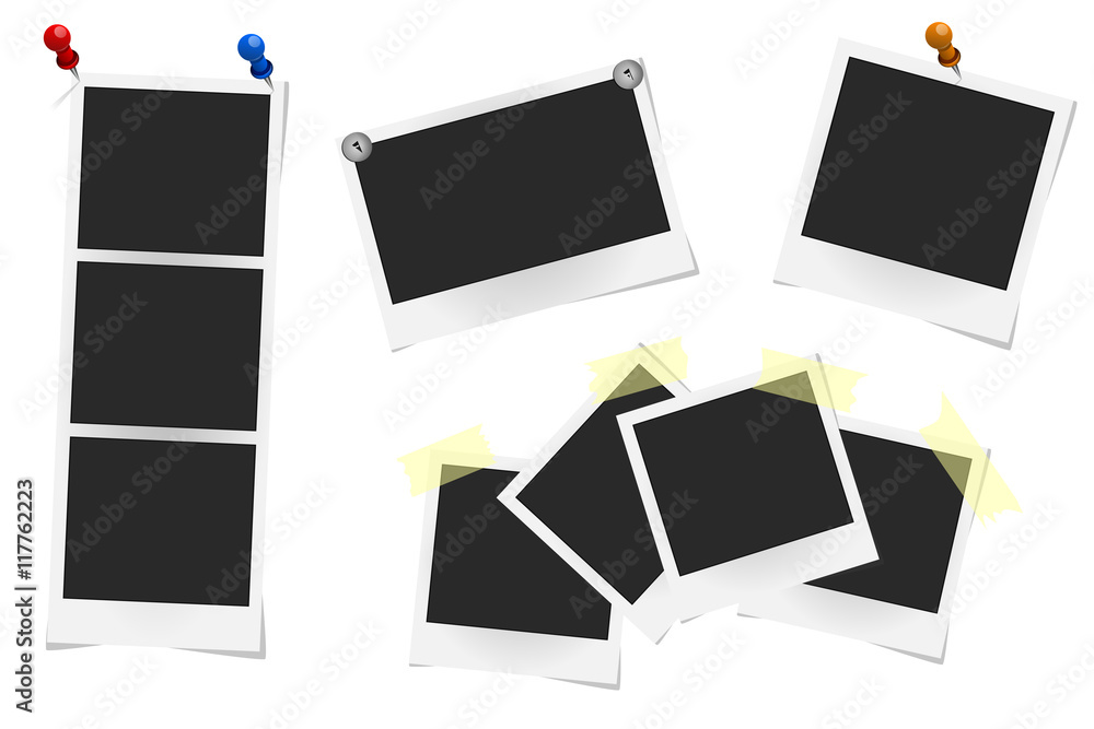 Set of realistic vector photo frames on sticky tape, pins and rivets isolated on white. Template photo design, Vector illustration Set of realistic vector photo frames on sticky tape, pins and rivets isolated on white. Template photo design, Vector illustration
