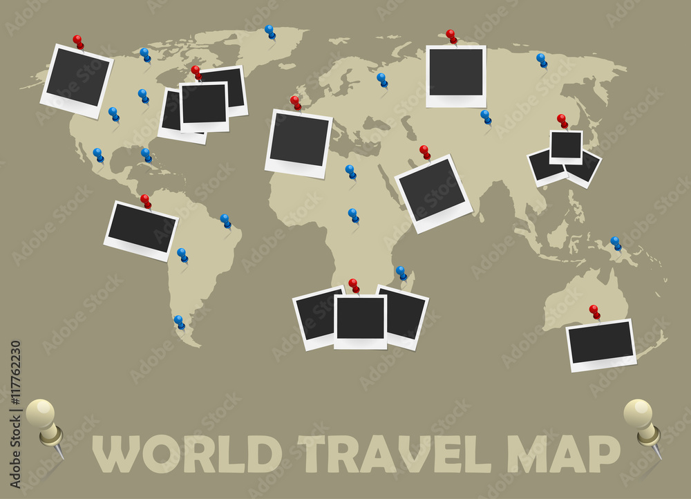 World travel map with photo frames and pins. Journey concept design