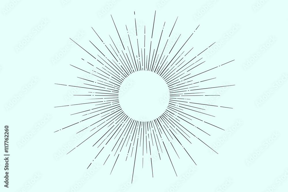 Light rays, sunburst and rays of sun. Linear drawing. Vintage hipster style. Light rays sunburst for retro logo, emblem. Vector Illustration Light rays, sunburst and rays of sun. Linear drawing. Vintage hipster style. Light rays sunburst for retro logo, emblem. Vector Illustration