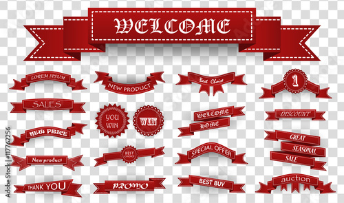 Embroidered burgundy vintage ribbons and stumps with business text and shadows isolated. Can be used for banner, award, sale, icon, logo, label etc. Vector illustration