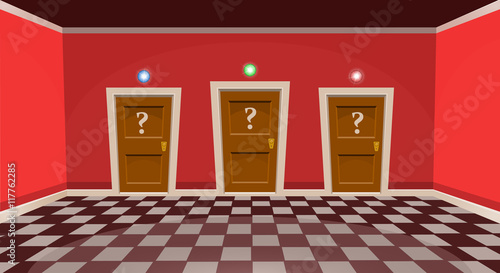 Cartoon "choose a door" concept. Empty room with three door in red style. Vector illustration