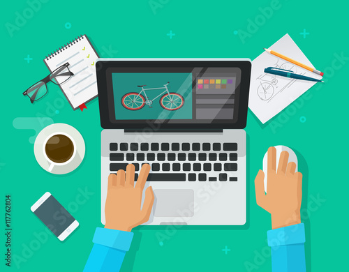 Designer workplace vector illustration top view, flat cartoon person sitting on table and working on laptop, graphic designer at work in office, freelancer working on computer