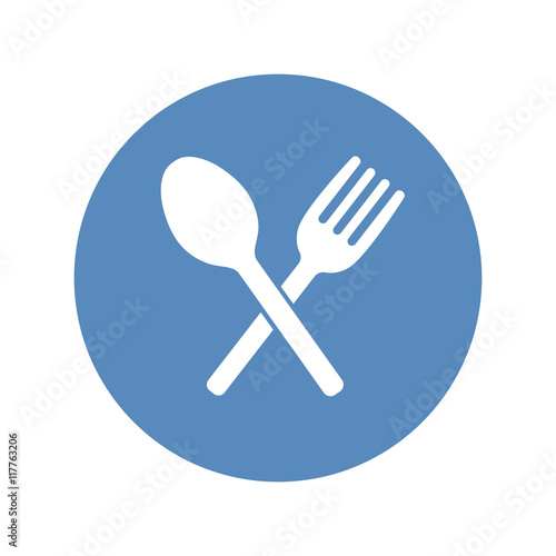 Crossed fork and spoon icon placed in a blue circle.
