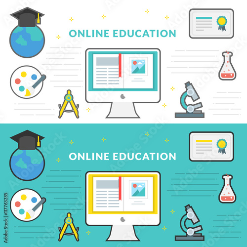Flat Line Vector Banner about Online Education. Pictogram pack vector logo concept for web graphics.