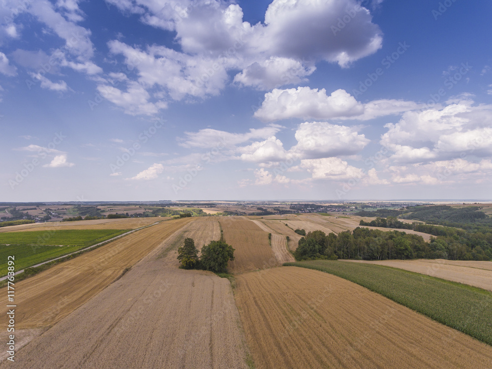 Aerial view of the blue sky and village harvest fields at summer