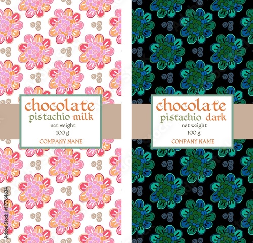 Chocolate packaging design. Vector template with doodle flowers.