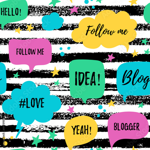 Vector speech bubbles seamless patter with phrases Blog, Blogger, #love, follow me. Hand drawn speech bubbles, blog label in grunge style with hashtag. Social media icons set.