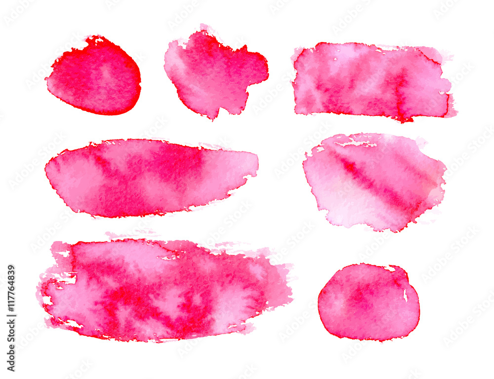 Vector collection of pink watercolor smears, shapes on white background. Hand drawn paint stains set. Abstract make up paint brush strokes.