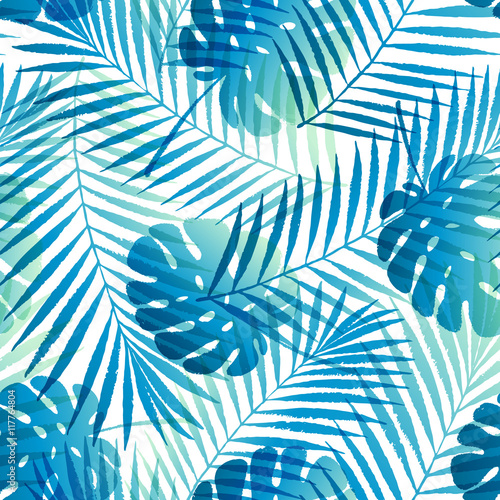 Summer gradient tropical palm tree leaves seamless pattern. Vector grunge design for cards, wallpapers, backgrounds and natural product.