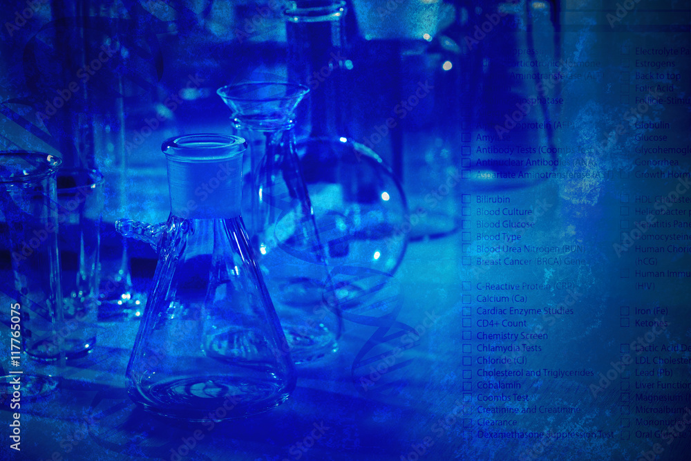 Laboratory glassware and test list on blue background Laboratory glassware and test list on blue background