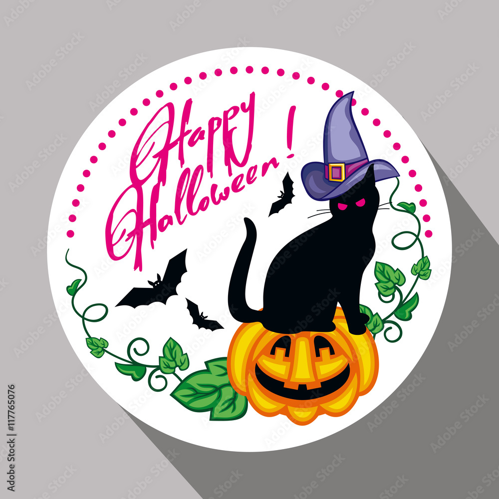 Round label with black cat in witch hat, pumpkin and hand drawn text 