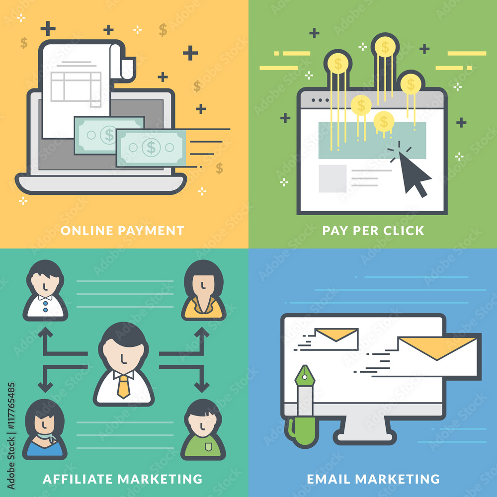 Flat Line Vector Icons for Online Payment, Pay per Click, Affiliate Marketing and Email Marketing. Flat Line Vector Icons for Online Payment, Pay per Click, Affiliate Marketing and Email Marketing.