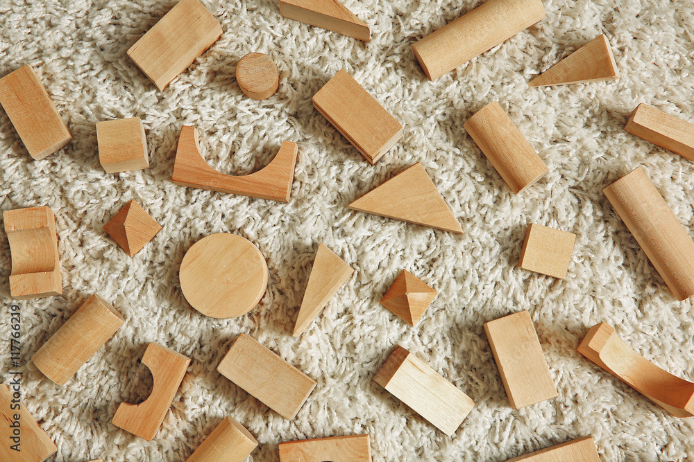 Set of wooden kids building blocks, top view Set of wooden kids building blocks, top view