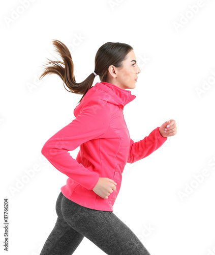 Young woman running isolate...