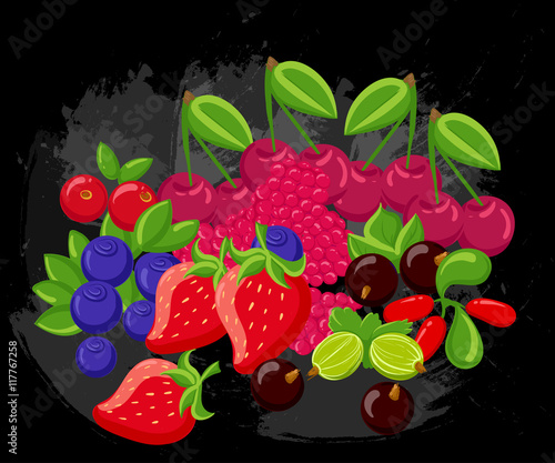 Fototapeta Naklejka Na Ścianę i Meble -  Berries flat icons set with grape cherry gooseberry blackberry isolated. Vector color illustration of different kinds
