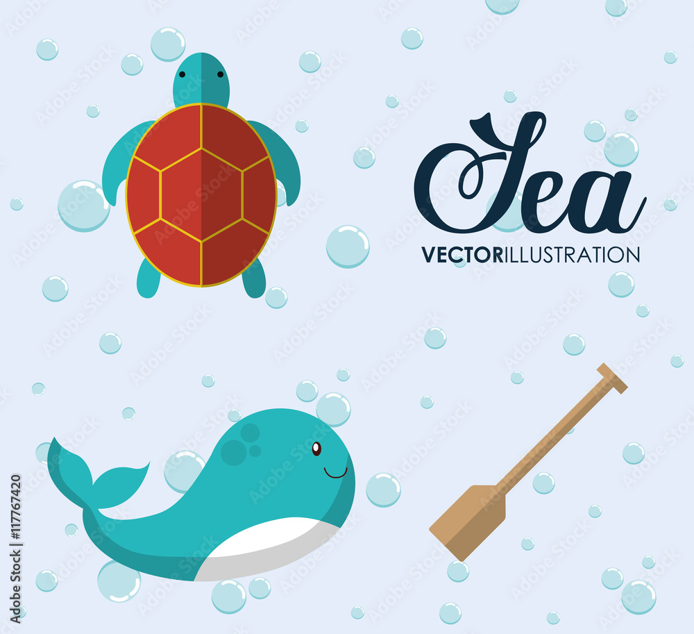 Sea animal cartoon design represented by whale and tortoise icon. Colorfull and flat illustration. 