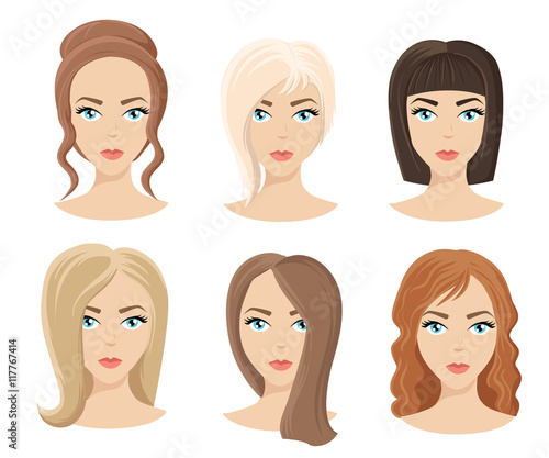 Different colors shades and types of hair. Set of different girl's hairstyle for curly wavy short medium. Hairdresser a new hairstyle new style