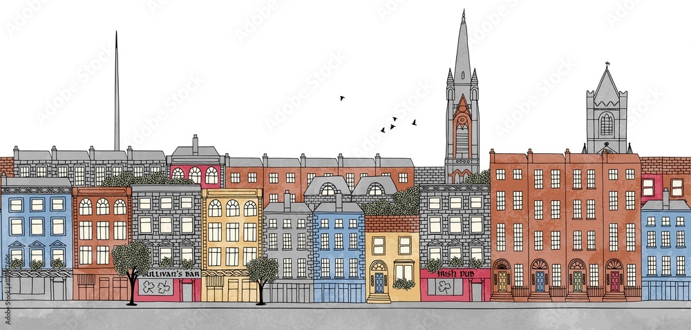 Naklejka premium Dublin, Irlandia - bez szwu baner na panoramę Dublina, ręcznie rysowane i cyfrowo kolorowa ilustracja tuszem