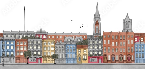 Dublin, Ireland - seamless banner of Dublin's skyline, hand drawn and digitally colored ink illustration